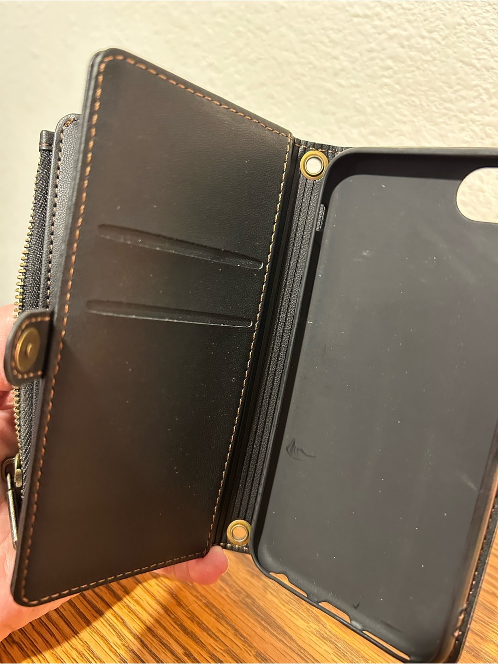 Leather Compact Wallet in Brown with Brass Hardware - Picture 5 of 9